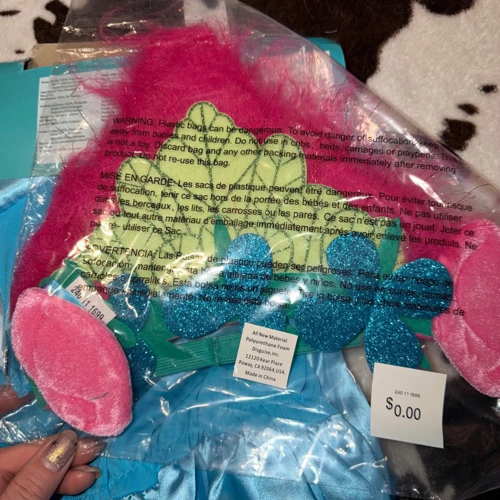 Disguise Trolls Poppy Costume Kids M 7-8 Blue Glitter Deluxe Dress Up Halloween